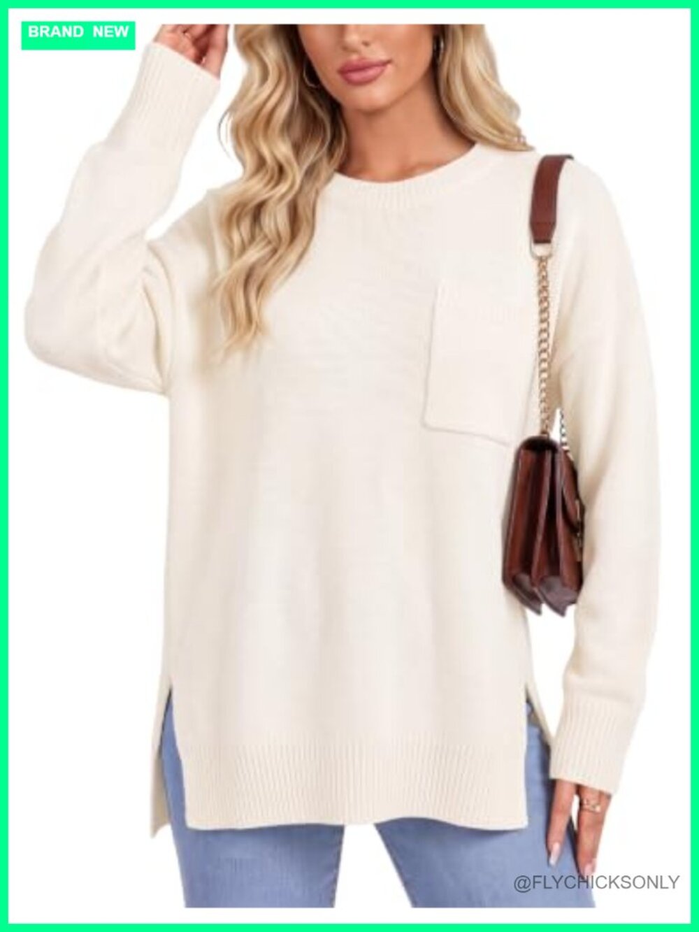 Oversized Crew Neck Knit Pullover Sweater with Chest Pocket